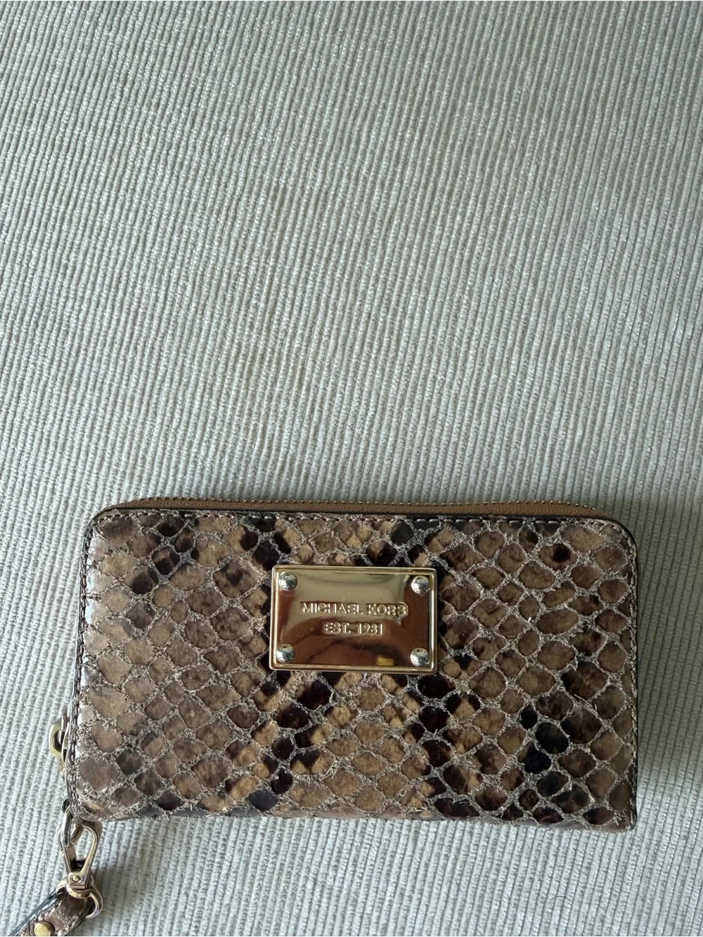 Michael Kors Brown Snake-Print Leather Wristlet Wallet